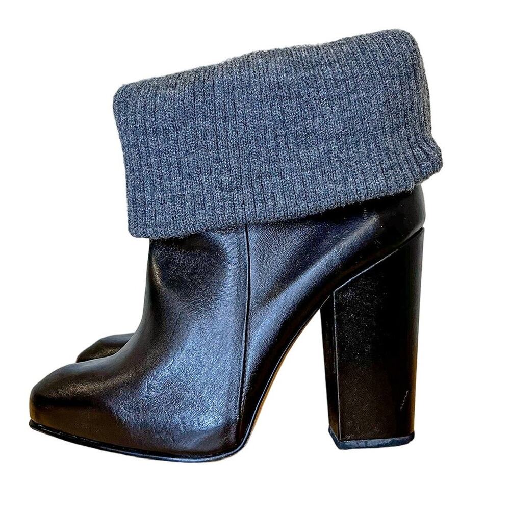 NEW Rachel Comey Colton Brown Leather Bootie with Gray Knit Foldover Detail US 8